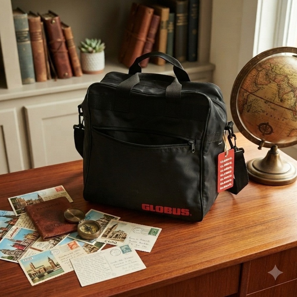 Vintage Globus Black Travel Bag Messenger Shoulder Carry On Red Logo PVC